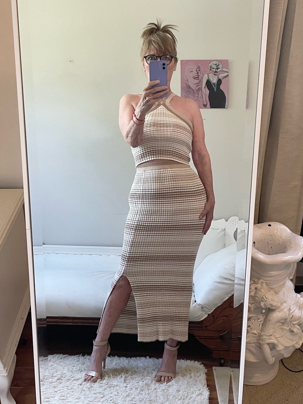 JESSICA SIMPSON SKIRT SET MAXI RIBBED KNIT SLIT STRETCH WAIST CREAM TAN MEDIUM